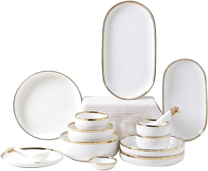 Dinnerware Sets Service For 2/4/6, Kitchen Plates And Bowls Sets White, Luxury Bone China Tableware, Nordic Gold Porcelain Dish Set