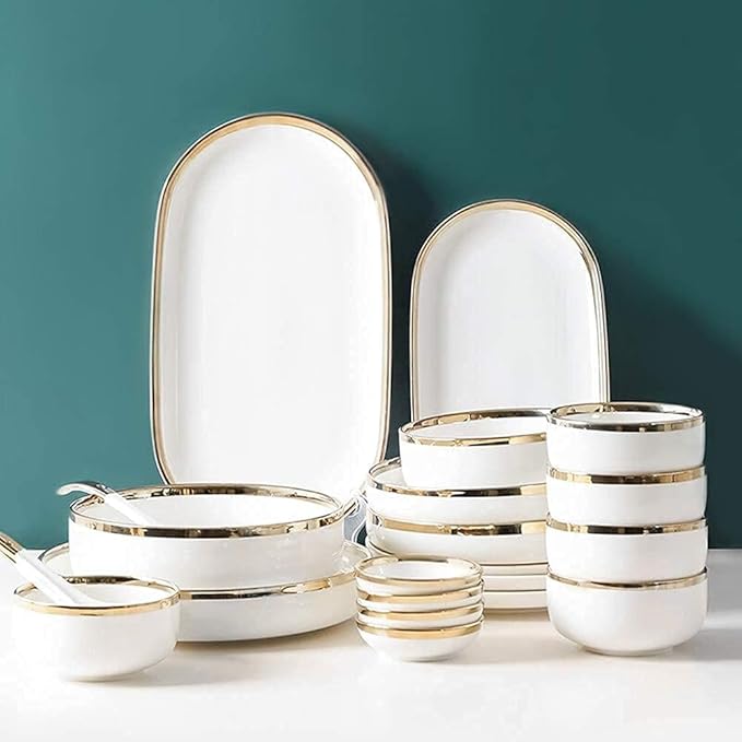 Dinnerware Sets Service For 2/4/6, Kitchen Plates And Bowls Sets White, Luxury Bone China Tableware, Nordic Gold Porcelain Dish Set