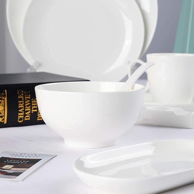 Pure White Porcelain Dinnerware Set Tableware Set Stoneware Dish Dinner Plates Dinner Set Dinner Service for1/2/4/10/16 People,80 PCS (White 16 PCS(2 Set))