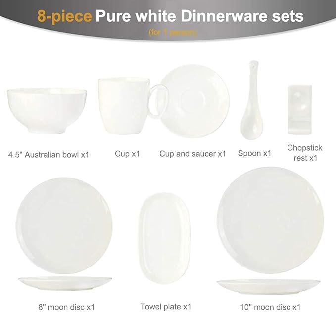 Pure White Porcelain Dinnerware Set Tableware Set Stoneware Dish Dinner Plates Dinner Set Dinner Service for1/2/4/10/16 People,80 PCS (White 16 PCS(2 Set))