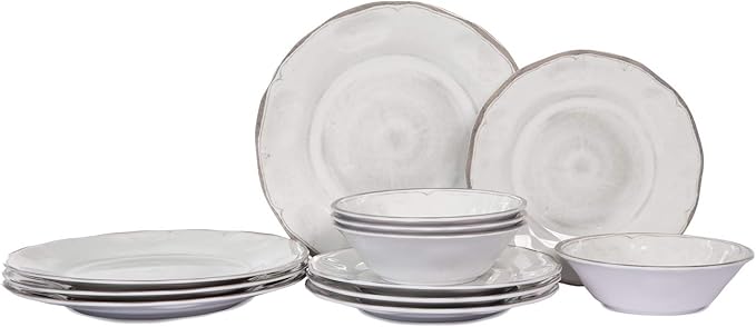 Melamine Dishes Dinnerware Sets - 12pcs Melamine Dinner Plates, Salad Plates and Bowls, for Everyday Use White