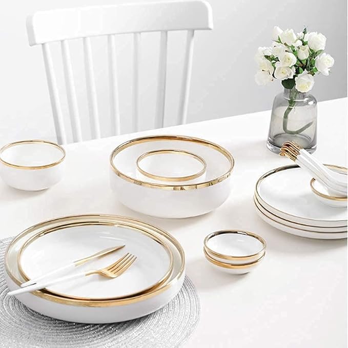 Dinnerware Sets Service For 2/4/6, Kitchen Plates And Bowls Sets White, Luxury Bone China Tableware, Nordic Gold Porcelain Dish Set