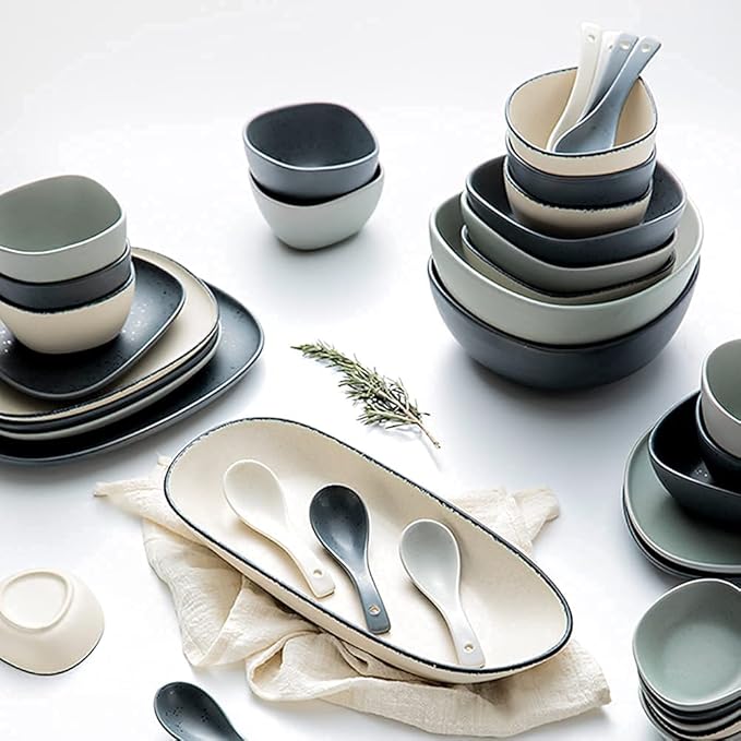 Nordic Ceramic Dinnerware Sets, Porcelain Plate and Bowl Sets, High-End Color Dishware Sets, Modern Reactive Glaze Stoneware Dishes Set Holiday,12Pcs (White 28Pcs)