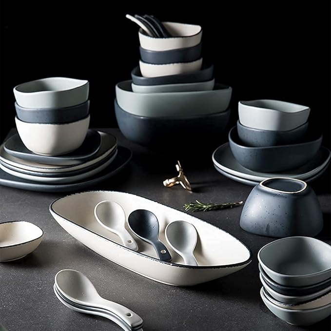 Nordic Ceramic Dinnerware Sets, Porcelain Plate and Bowl Sets, High-End Color Dishware Sets, Modern Reactive Glaze Stoneware Dishes Set Holiday,12Pcs (White 28Pcs)