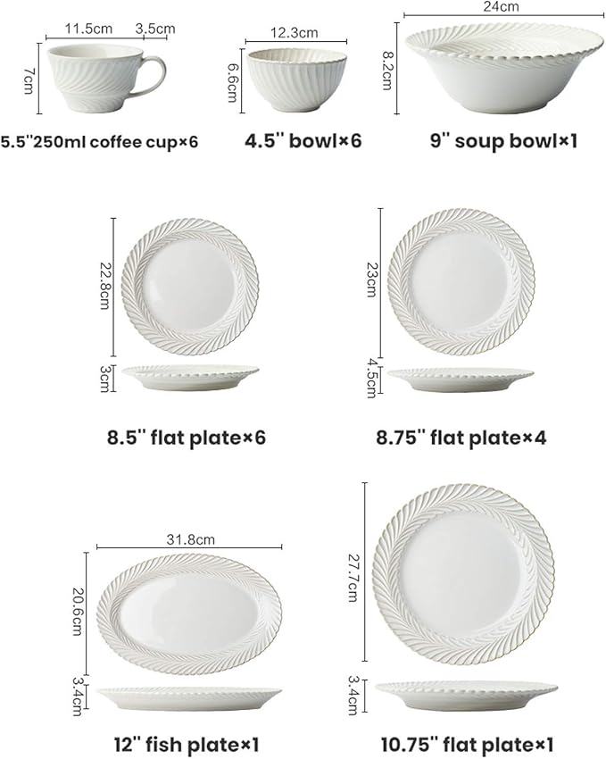 Ceramics Dinner Sets, 25 Pieces White Glaze Porcelain Dinnerware Set for Wedding Gifts | Retro Relief Cereal Bowl and Steak Plate Set