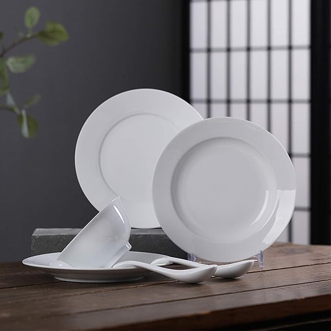 Ceramics Dinner Sets, 26 Pieces Pure Dinnerware Set White Porcelain Steak Plate Cereal Bowl and Soup Bowl for Restaurant