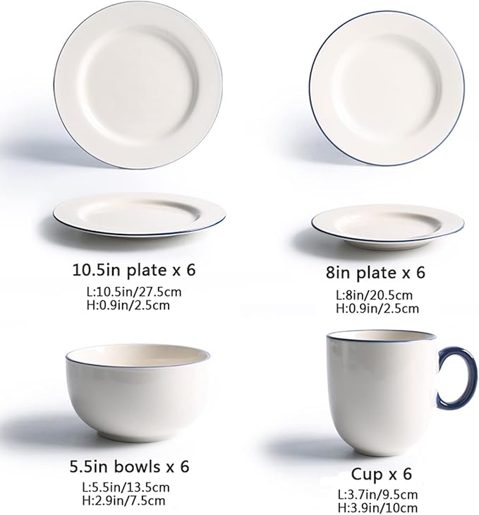 Ceramic Dinnerware Set, 24-Piece Kitchen Dinner Set, Plates, Bowls, Service for 6, Porcelain Round Embossed Dish Set, Tableware Combination Set with Blue Stripe