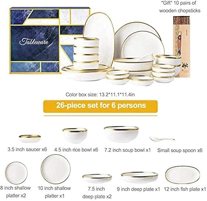 Dinnerware Sets Service For 2/4/6, Kitchen Plates And Bowls Sets White, Luxury Bone China Tableware