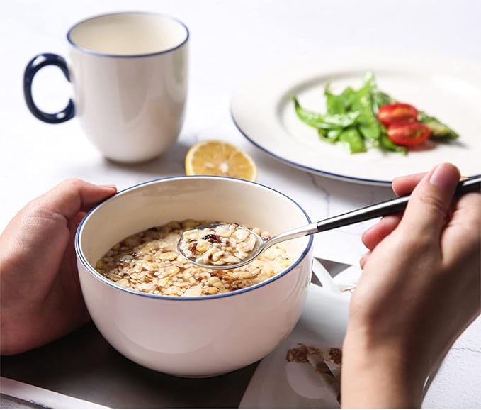 Ceramic Dinnerware Set, 24-Piece Kitchen Dinner Set, Plates, Bowls, Service for 6, Porcelain Round Embossed Dish Set, Tableware Combination Set with Blue Stripe