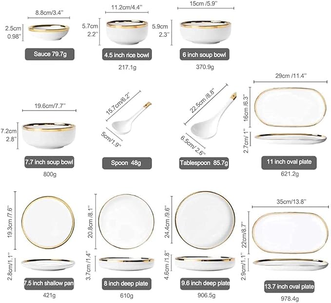 Dinnerware Sets Service For 2/4/6, Kitchen Plates And Bowls Sets White, Luxury Bone China Tableware, Nordic Gold Porcelain Dish Set