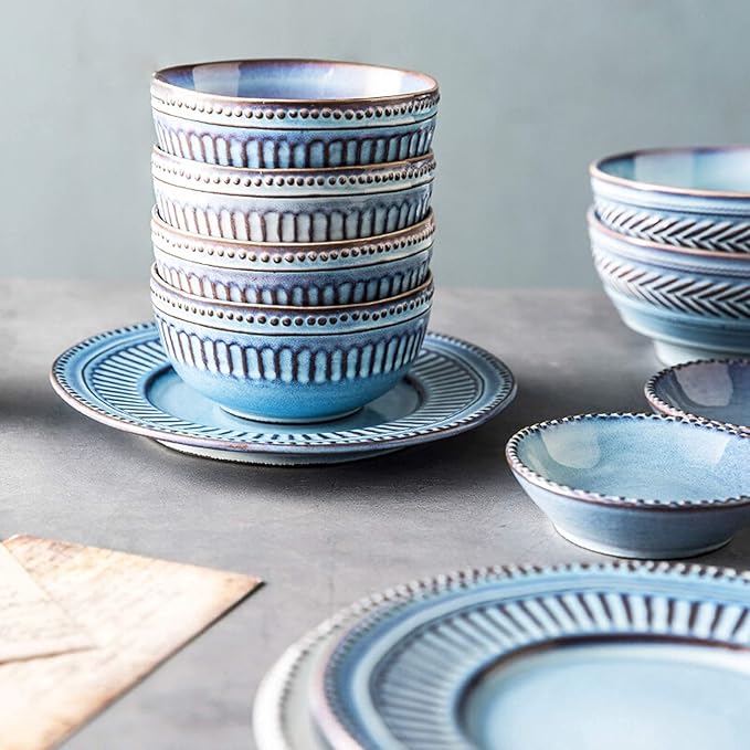 Ceramics Dinner Sets, 16 Pieces Relief Craft Porcelain Dinnerware Set Retro Blue and White Cereal Bowl Steak Plate and Soup Bowl for Special Restaurant