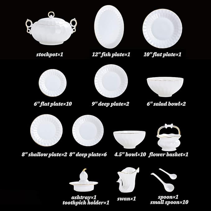 Elegant Classic Pottery Tableware,Ceramics Dinner Set, 50 Pieces Pure White High Grade Bone China Dinnerware Sets | Phnom Penh Soup Pot Plate Bowl Porcelain Combination S