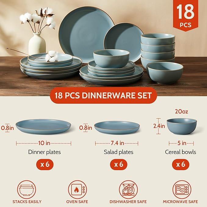 Sweese Dinnerware Sets Service for 6, 18 pcs Matte Glaze Plates and Bowls Sets, Handmade Porcelain Dish Set, Highly Chip and Crack Resistant Modern Dinner Set, Dark Blue