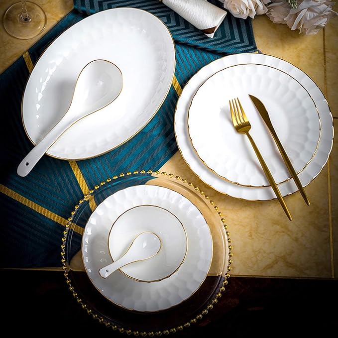 Elegant Classic Pottery Tableware,Ceramics Dinner Set, 50 Pieces Pure White High Grade Bone China Dinnerware Sets | Phnom Penh Soup Pot Plate Bowl Porcelain Combination S