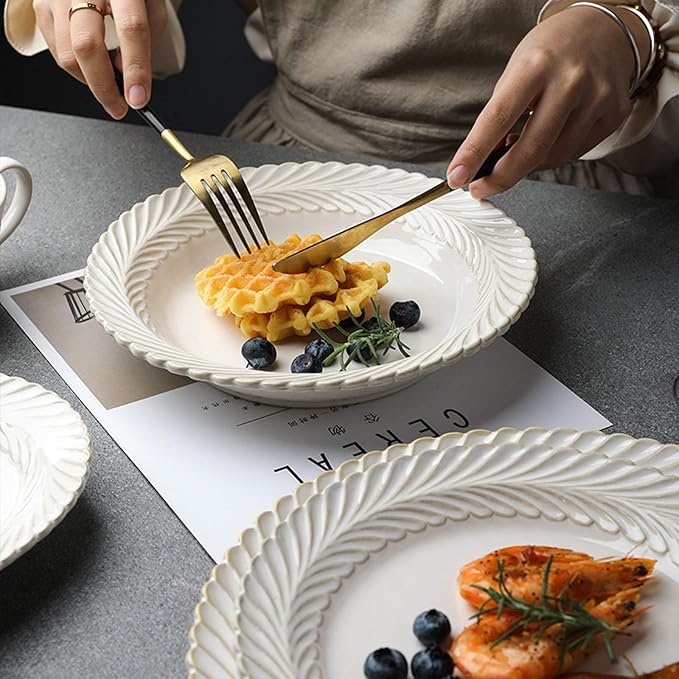 Ceramics Dinner Sets, 25 Pieces White Glaze Porcelain Dinnerware Set for Wedding Gifts | Retro Relief Cereal Bowl and Steak Plate Set