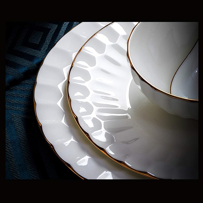 Elegant Classic Pottery Tableware,Ceramics Dinner Set, 50 Pieces Pure White High Grade Bone China Dinnerware Sets | Phnom Penh Soup Pot Plate Bowl Porcelain Combination S