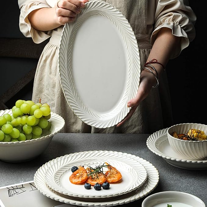 Ceramics Dinner Sets, 25 Pieces White Glaze Porcelain Dinnerware Set for Wedding Gifts | Retro Relief Cereal Bowl and Steak Plate Set