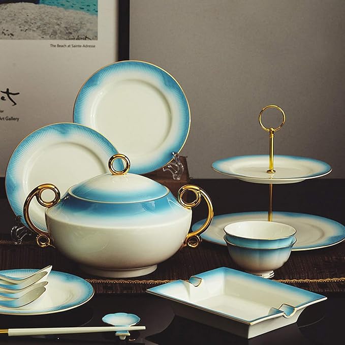 Dinner Plates,Classic Pottery Tableware,Ceramics Dinner Set, 58 Pieces Style Bone China Dinnerware Sets | Blue Gradient Porcelain Dessert Plate and Cereals Bow