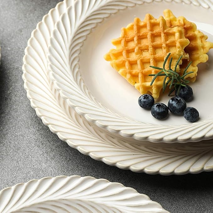 Ceramics Dinner Sets, 25 Pieces White Glaze Porcelain Dinnerware Set for Wedding Gifts | Retro Relief Cereal Bowl and Steak Plate Set