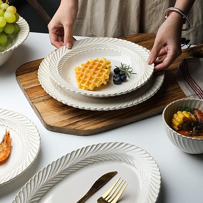 Ceramics Dinner Sets, 25 Pieces White Glaze Porcelain Dinnerware Set for Wedding Gifts | Retro Relief Cereal Bowl and Steak Plate Set