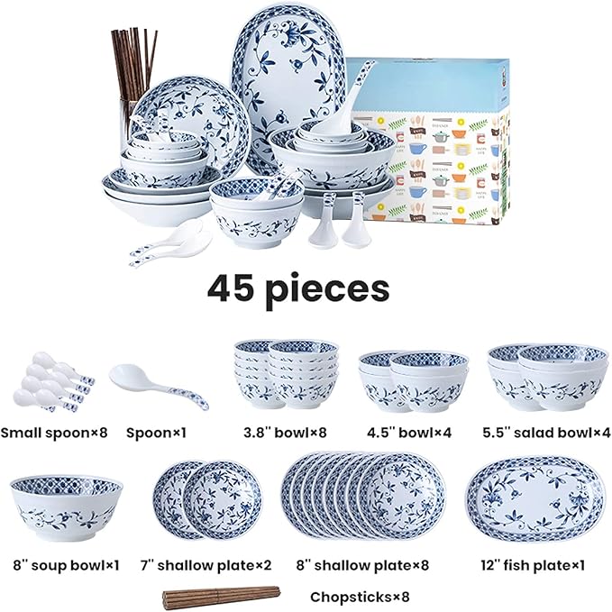 Dinnerware Sets,Ceramics Dinner Sets, Blue and White Porcelain Porcelain Dinnerware Set of 45 Cereal Bowl and Steak Plate Set for Family Dinner