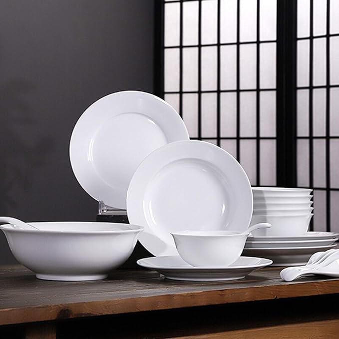 Ceramics Dinner Sets, 26 Pieces Pure Dinnerware Set White Porcelain Steak Plate Cereal Bowl and Soup Bowl for Restaurant