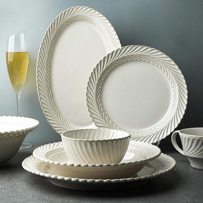 Ceramics Dinner Sets, 25 Pieces White Glaze Porcelain Dinnerware Set for Wedding Gifts | Retro Relief Cereal Bowl and Steak Plate Set
