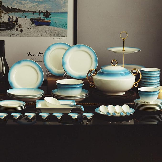 Dinner Plates,Classic Pottery Tableware,Ceramics Dinner Set, 58 Pieces Style Bone China Dinnerware Sets | Blue Gradient Porcelain Dessert Plate and Cereals Bow