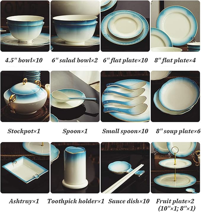 Dinner Plates,Classic Pottery Tableware,Ceramics Dinner Set, 58 Pieces Style Bone China Dinnerware Sets | Blue Gradient Porcelain Dessert Plate and Cereals Bow