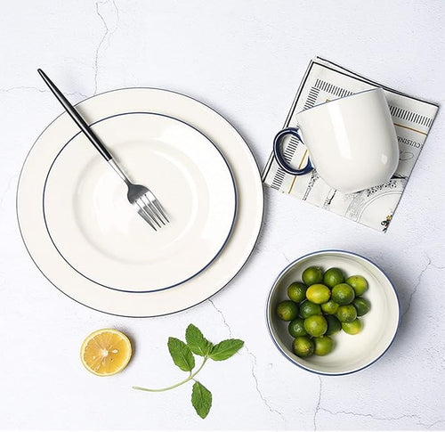 Ceramic Dinnerware Set, 24-Piece Kitchen Dinner Set, Plates, Bowls, Service for 6, Porcelain Round Embossed Dish Set, Tableware Combination Set with Blue Stripe