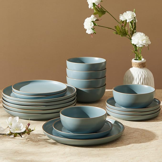 Sweese Dinnerware Sets Service for 6, 18 pcs Matte Glaze Plates and Bowls Sets, Handmade Porcelain Dish Set, Highly Chip and Crack Resistant Modern Dinner Set, Dark Blue