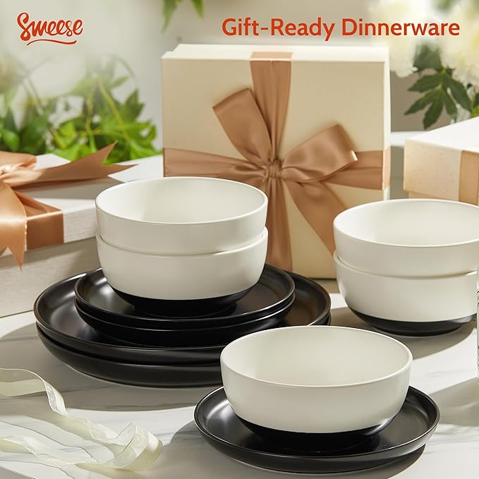 Sweese Dinnerware Sets Service for 6, 18 pcs Matte Glaze Plates and Bowls Sets, Handmade Porcelain Dish Set, Highly Chip and Crack Resistant Modern Dinner Set, Black White