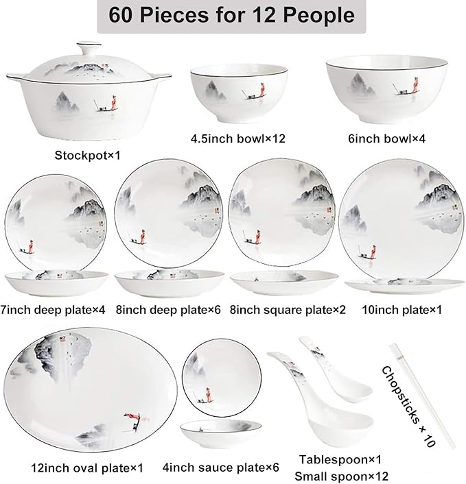 60-Piece Plates and Bowls Sets, Scratch Resistant Dish Set, Ceramic Kitchen Dinnerware Set, Dishwasher & Microwave Safe Bowl and Plate Set Reusable, Easy to Clean Tableware Set, Service for 12