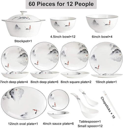 60-Piece Plates and Bowls Sets, Scratch Resistant Dish Set, Ceramic Kitchen Dinnerware Set, Dishwasher & Microwave Safe Bowl and Plate Set Reusable, Easy to Clean Tableware Set, Service for 12
