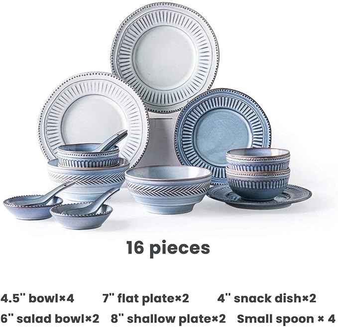 Ceramics Dinner Sets, 16 Pieces Relief Craft Porcelain Dinnerware Set Retro Blue and White Cereal Bowl Steak Plate and Soup Bowl for Special Restaurant
