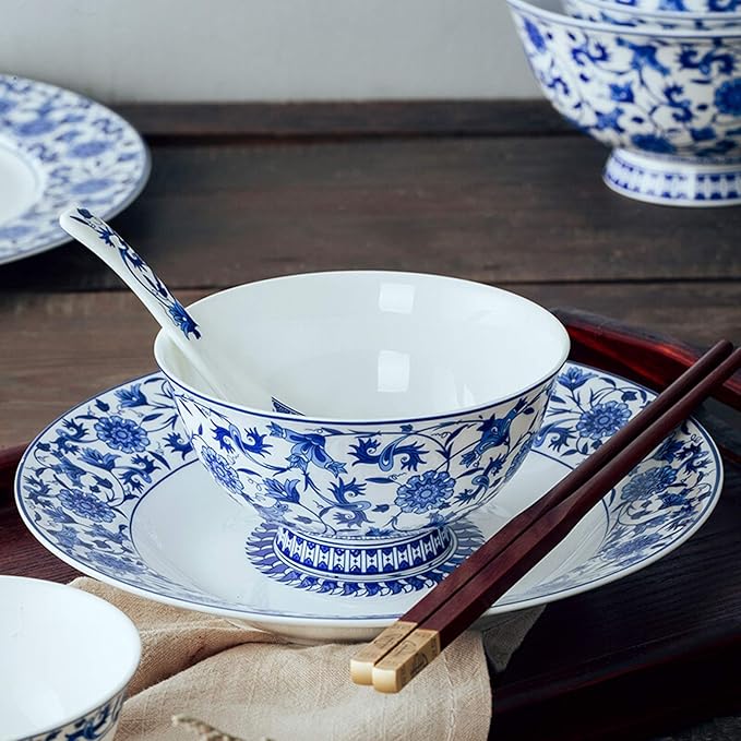 Dinner Sets,Ceramics Dinner Sets,26 Pieces Blue and White Porcelain Dinnerware Set Gift Box Steak Plate Cereal Bowl and Soup Bowl for Wedding Gifts