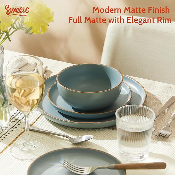 Sweese Dinnerware Sets Service for 6, 18 pcs Matte Glaze Plates and Bowls Sets, Handmade Porcelain Dish Set, Highly Chip and Crack Resistant Modern Dinner Set, Dark Blue