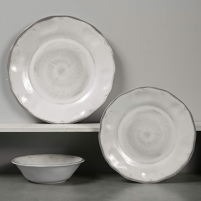 Melamine Dishes Dinnerware Sets - 12pcs Melamine Dinner Plates, Salad Plates and Bowls, for Everyday Use White