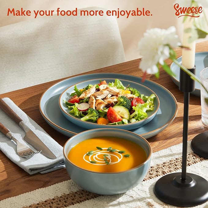 Sweese Dinnerware Sets Service for 6, 18 pcs Matte Glaze Plates and Bowls Sets, Handmade Porcelain Dish Set, Highly Chip and Crack Resistant Modern Dinner Set, Dark Blue