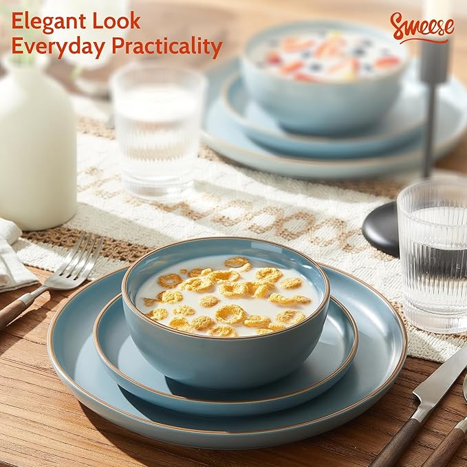 Sweese Dinnerware Sets Service for 6, 18 pcs Matte Glaze Plates and Bowls Sets, Handmade Porcelain Dish Set, Highly Chip and Crack Resistant Modern Dinner Set, Dark Blue