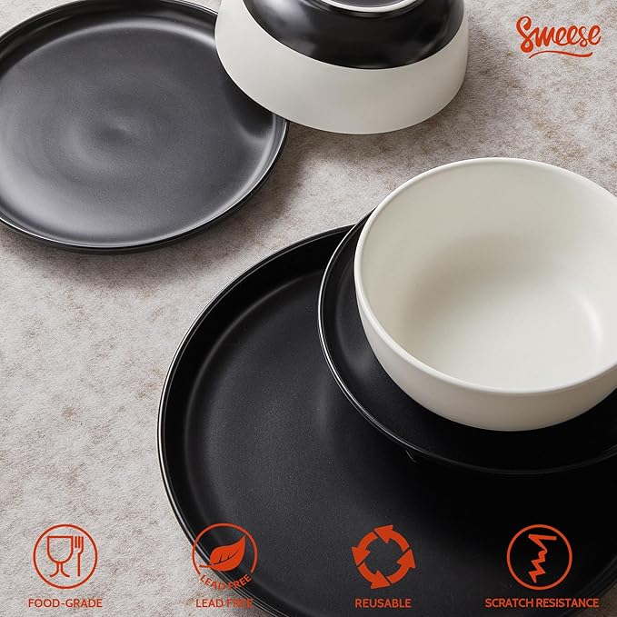 Sweese Dinnerware Sets Service for 6, 18 pcs Matte Glaze Plates and Bowls Sets, Handmade Porcelain Dish Set, Highly Chip and Crack Resistant Modern Dinner Set, Black White