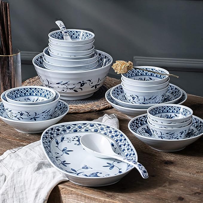 Dinnerware Sets,Ceramics Dinner Sets, Blue and White Porcelain Porcelain Dinnerware Set of 45 Cereal Bowl and Steak Plate Set for Family Dinner