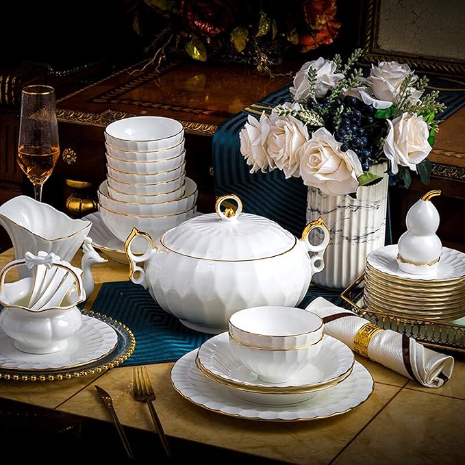 Elegant Classic Pottery Tableware,Ceramics Dinner Set, 50 Pieces Pure White High Grade Bone China Dinnerware Sets | Phnom Penh Soup Pot Plate Bowl Porcelain Combination S