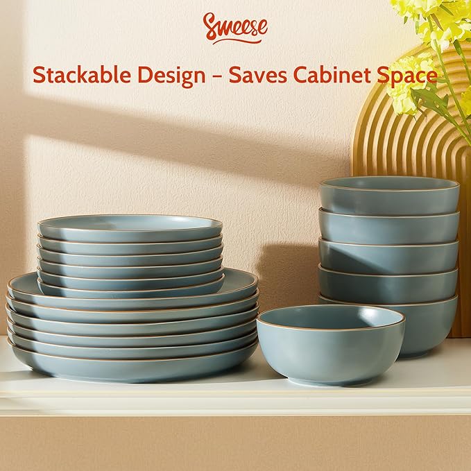 Sweese Dinnerware Sets Service for 6, 18 pcs Matte Glaze Plates and Bowls Sets, Handmade Porcelain Dish Set, Highly Chip and Crack Resistant Modern Dinner Set, Dark Blue