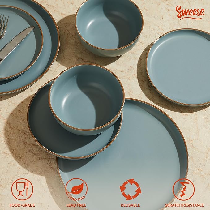 Sweese Dinnerware Sets Service for 6, 18 pcs Matte Glaze Plates and Bowls Sets, Handmade Porcelain Dish Set, Highly Chip and Crack Resistant Modern Dinner Set, Dark Blue