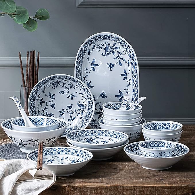 Dinnerware Sets,Ceramics Dinner Sets, Blue and White Porcelain Porcelain Dinnerware Set of 45 Cereal Bowl and Steak Plate Set for Family Dinner