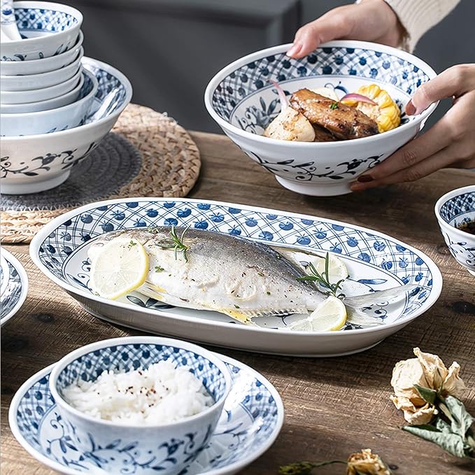 Dinnerware Sets,Ceramics Dinner Sets, Blue and White Porcelain Porcelain Dinnerware Set of 45 Cereal Bowl and Steak Plate Set for Family Dinner