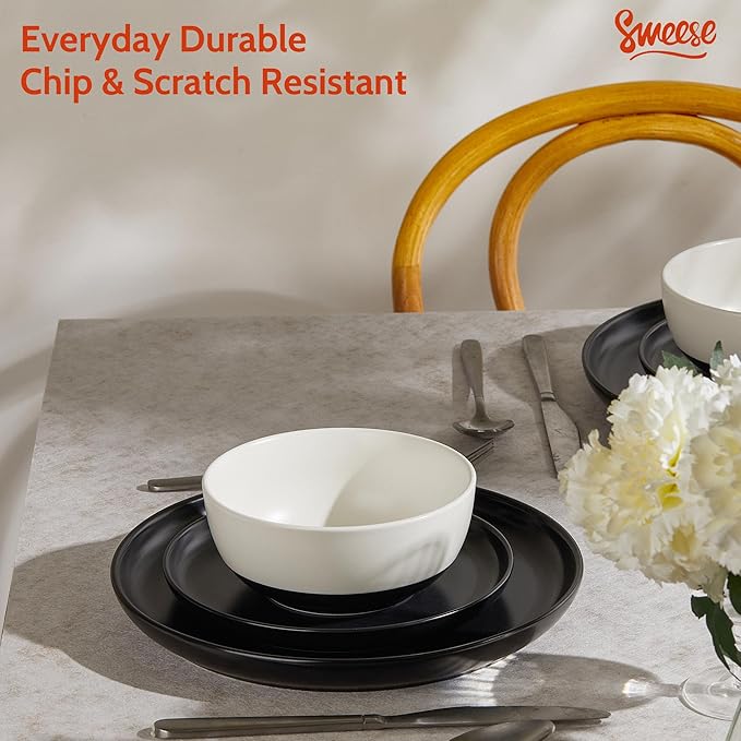 Sweese Dinnerware Sets Service for 6, 18 pcs Matte Glaze Plates and Bowls Sets, Handmade Porcelain Dish Set, Highly Chip and Crack Resistant Modern Dinner Set, Black White