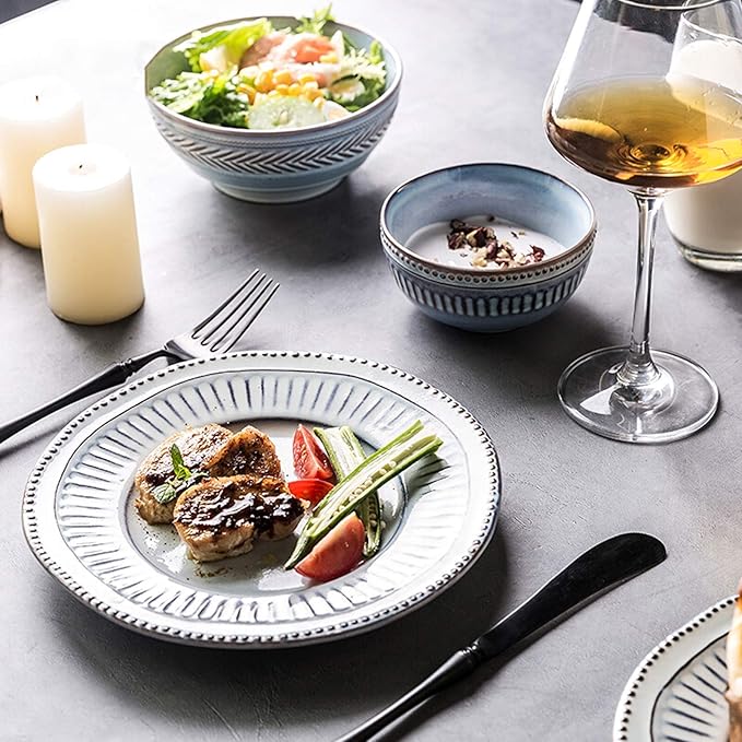 Ceramics Dinner Sets, 16 Pieces Relief Craft Porcelain Dinnerware Set Retro Blue and White Cereal Bowl Steak Plate and Soup Bowl for Special Restaurant