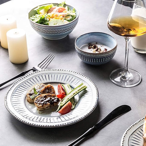 Ceramics Dinner Sets, 16 Pieces Relief Craft Porcelain Dinnerware Set Retro Blue and White Cereal Bowl Steak Plate and Soup Bowl for Special Restaurant